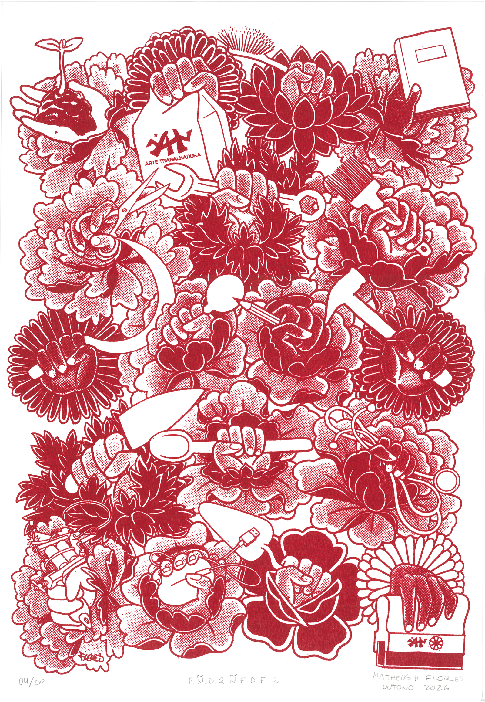 Gravura com o desenho de 18 flores organizadas preenchendo toda a área da imagem, cada flor aberta tem em seu núcleo uma mão, e cada mão está segurando uma ferramenta de trabalho, como foice, martelo, mouse, tesoura, escova, máquina de tatuar, colher de pedreiro, maracá, lápis, livro, etc...