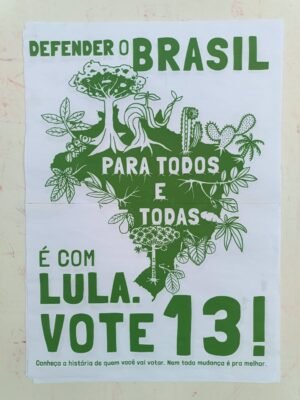 Cartaz com A silhueta do território Brasileiro, com plantas nativas ou que são cultivadas aqui, junto do texto defender o Brasil para todos e todas é com Lula. Vote 13.
