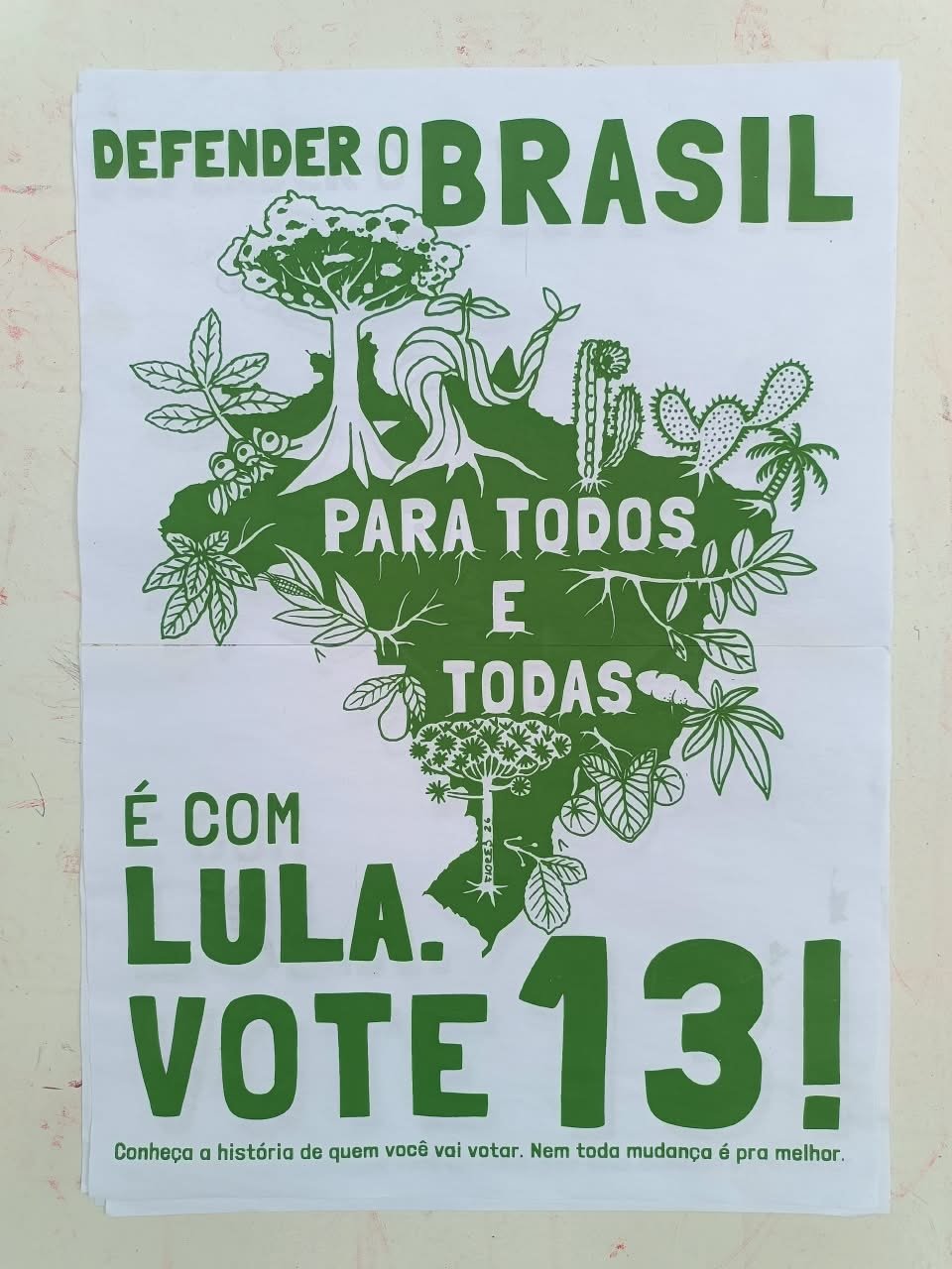 Cartaz com A silhueta do território Brasileiro, com plantas nativas ou que são cultivadas aqui, junto do texto defender o Brasil para todos e todas é com Lula. Vote 13.